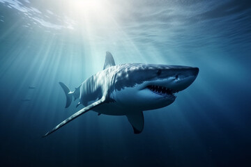 Fototapeta premium Animals, nature and wildlife concept. Great white shark swimming in deep blue waters. Generative AI