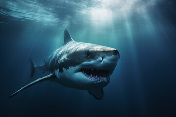 Animals, nature and wildlife concept. Great white shark swimming in deep blue waters. Generative AI