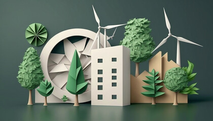 Mock up green city layout with paper, alternative energy. Generative AI.