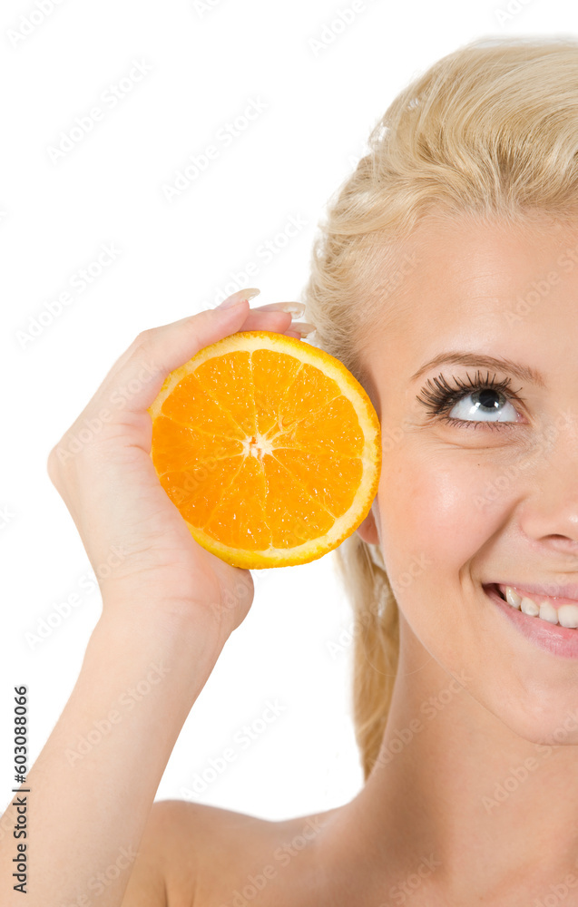 Poster face of model with orange slice on isolated background