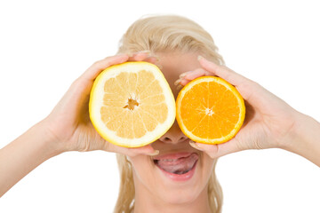pretty lady covering her eyes with slice of fruits on isolated studio pictures