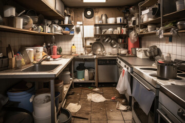 Mess in kitchen. Kitchen interior with pile of dirty dishes after dinner. Created with Generative AI