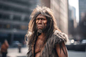 Portrait of prehistoric neanderthal man at city street in present time. Adaptation of ancient man in modern society. Created with Generative AI - obrazy, fototapety, plakaty
