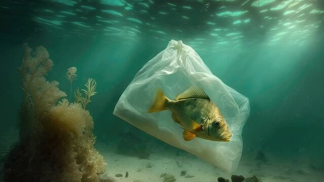 fish in the ocean trapped in plastic bag