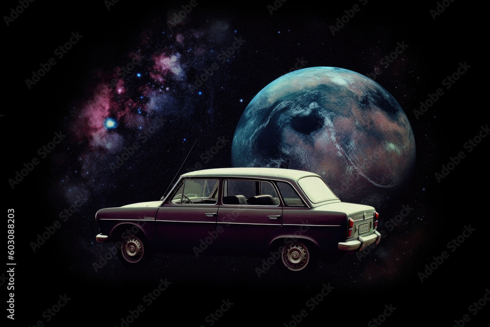 Poster futuristic retro car on galaxy and nebula background. vehicle in space for futuristic travel. creati