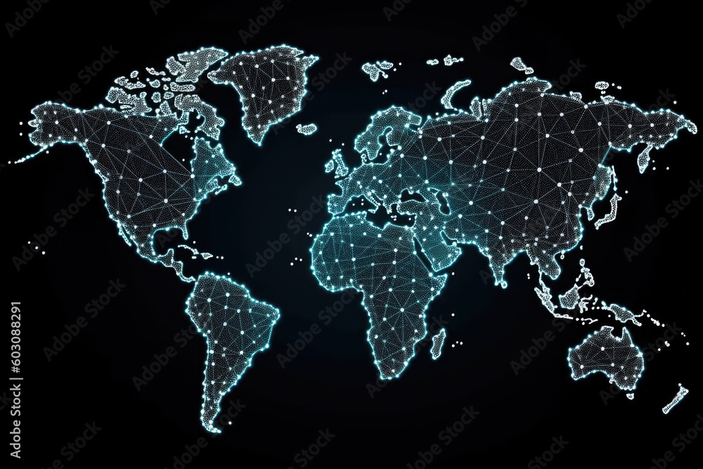 Poster digital world map with dot connections. global communication and network. created with generative ai