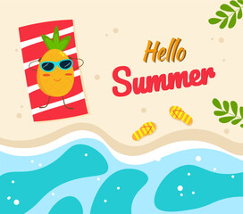 Fototapeta na wymiar Hello summer. Summer mood card with cartoon pineapple on the beach. Vector illustrations.