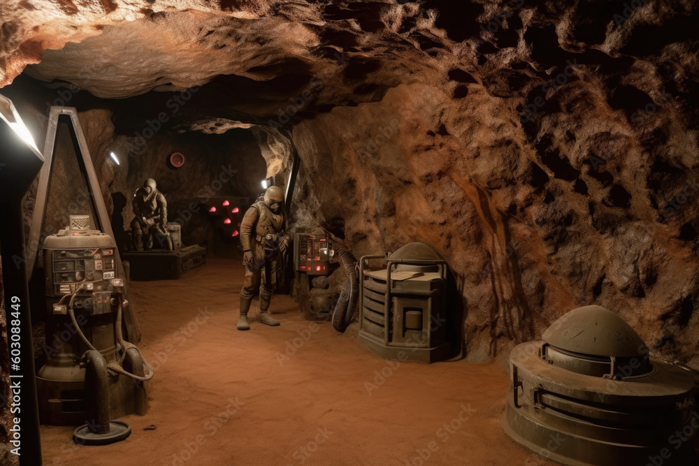 Poster mars colonization, space planet colony underground for protection from radiation. research base in c