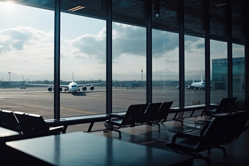 Fototapeta premium Empty airport terminal lounge with plane in window. Travel concept. Created with Generative AI