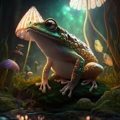 magical frog and mushrooms in shining magic woods