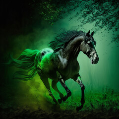 Fototapeta na wymiar Lovely horse runs through magical green glow