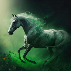 Naklejka na ściany i meble Lovely horse runs through magical green glow