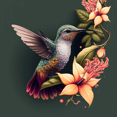 beautiful hummingbird bird near flowers on a dark background