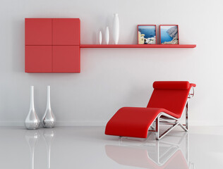 red and white relax room with armachair,picture,vase and cabinet