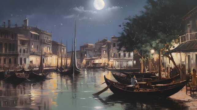 Venice Italy (inspired) boat moon moonlight beautiful oil painted art