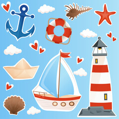 Obraz na płótnie Canvas Big bright summer marine set with anchor, paper boat, striped life buoy, red starfish, brown shell, clam, beautiful sailboat, lighthouse, red hearts and clouds