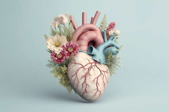 Abstract human heart model made from various colorful flowers blossoms. Copy space and pastel soft colors. Generative AI