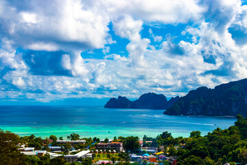 Koh Phi Phi Don Thailand island beach lagoon limestone rocks.