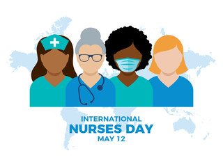 International Nurses Day vector illustration. Female nurses in blue green uniform icon vector. Group of multi-ethnic women nurses avatar. May 12 each year. Important day