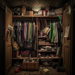 a wardrobe full of clothes and accessories