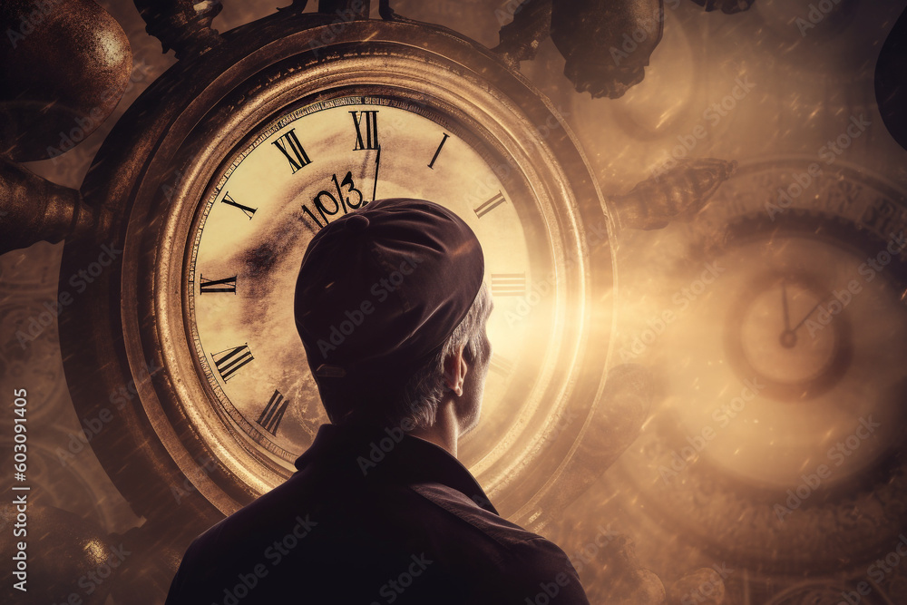 Wall mural abstract concept of time passing by. human silhouette and old clock representing past time. turn bac