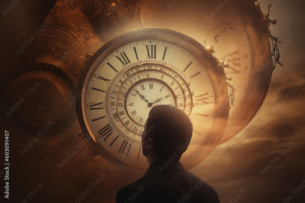 Wall mural abstract concept of time passing by. human silhouette and old clock representing past time. turn bac