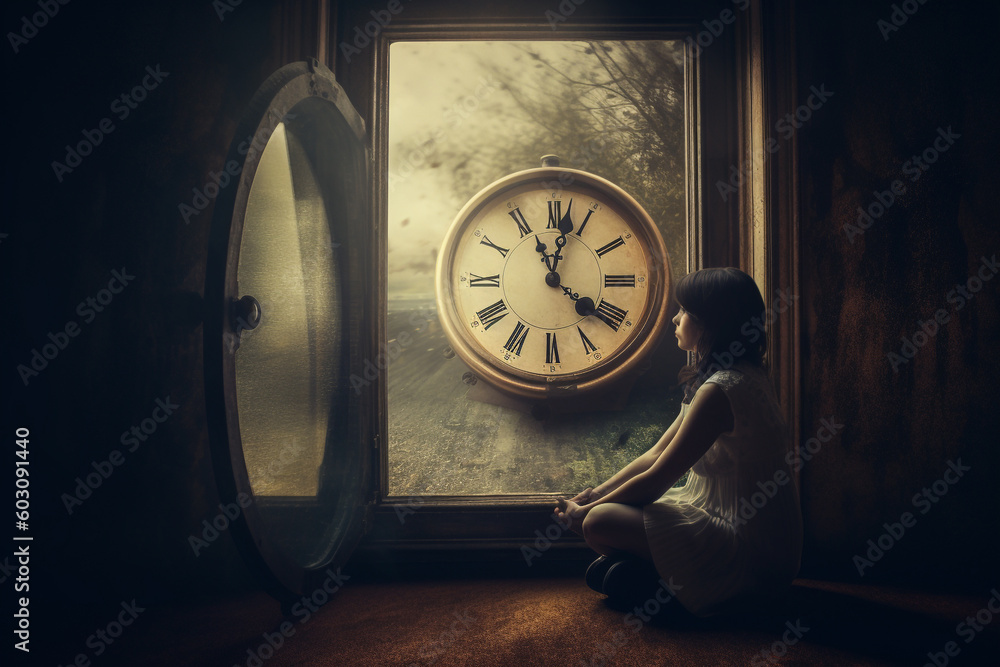 Wall mural abstract concept of time passing by. human silhouette and old clock representing past time. turn bac