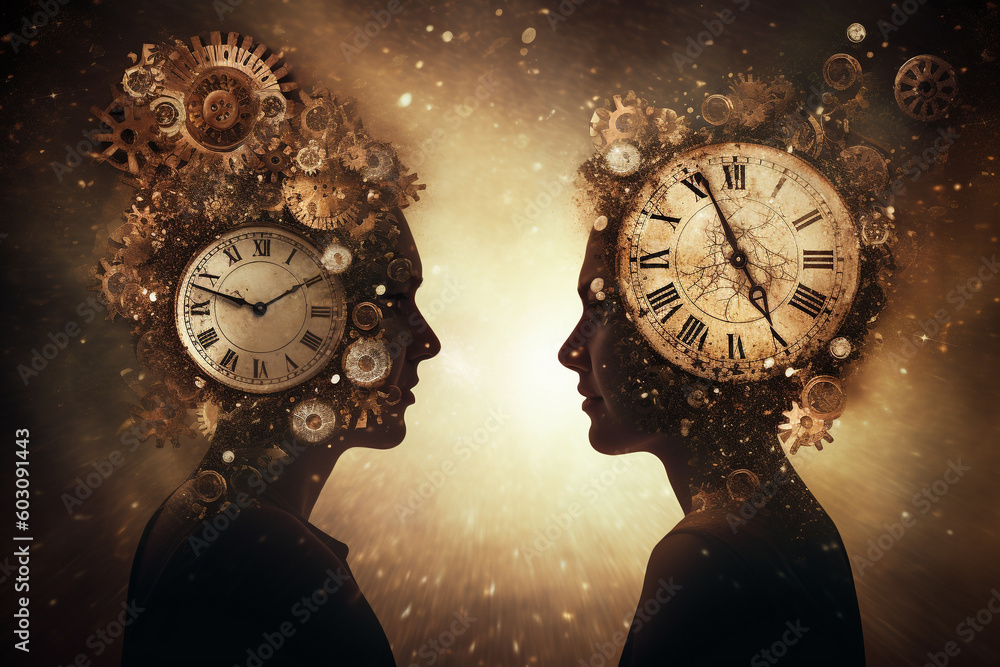 Wall mural abstract concept of time passing by. human silhouette and old clock representing past time. turn bac