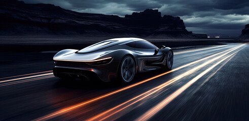 Fototapeta na wymiar A generic and unbranded futuristic car running on mountain street, ai generative illustration
