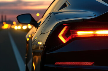 Fototapeta na wymiar Close up on backlight of a generic unbranded sport car at sunset, generative ai illustration