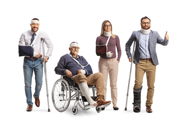 Group of injured people with crutches and a wheelchair