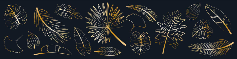 Tropical leaves in golden gradient line on black background. Vector hand drawn decorative elements. Exotic summer botanical illustrations. Monstera leaves, palm, banana leaf.
