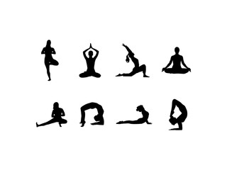 Women Yoga silhouettes vector. Girls practicing yoga silhouettes in various poses. Yoga poses woman silhouette set isolated on white background. Vector illustration.