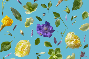 Flowers in collage technique on blue background.