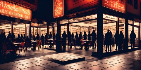 Illustration of a group of people waiting outside a restaurant at night created with Generative AI technology - obrazy, fototapety, plakaty
