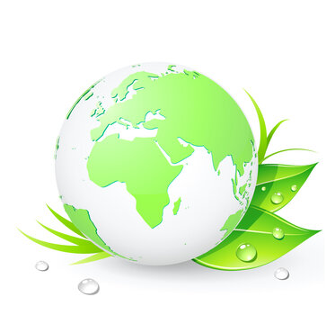 Vector illustration of Green Earth planet (showing Europe and Africa) with leaves and water drops