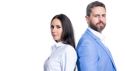 couple of business boss and employee in formalwear, copy space.