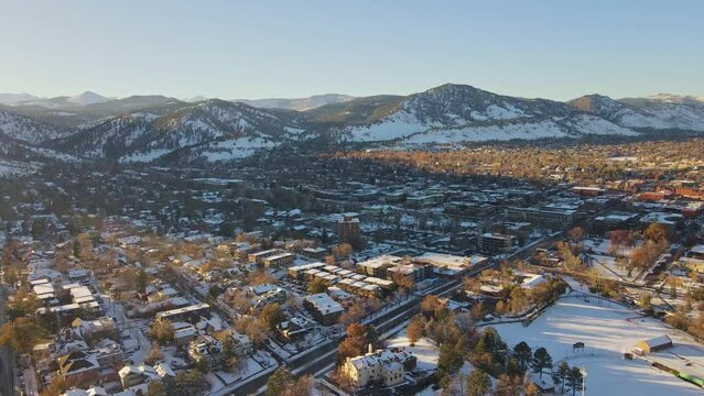 aerial shot of Boulder Colorado with MT. Sanits in the background