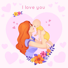 mother holding baby with hearts and flowers vector illustration