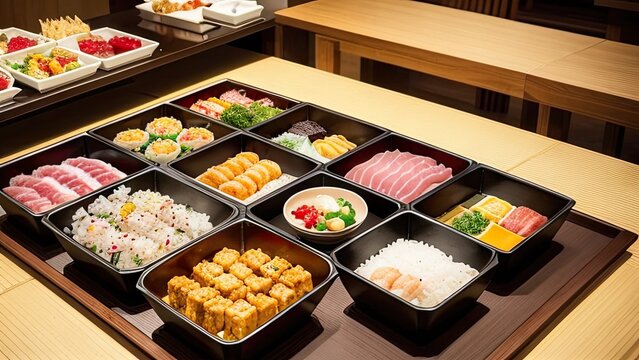 Japanese Bento Box. Lunch. Sushi Combo. Asian Food. Rice. Fishes. Seafood. Generative AI