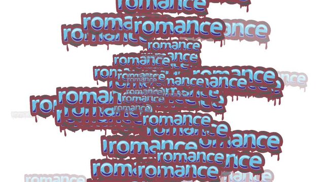 animated video scattered with the words ROMANCE on a white background