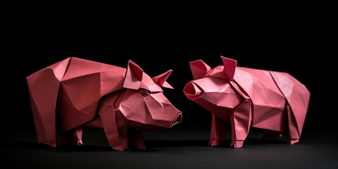 Little pink pigs made of paper. Origami technique. Paper pigs. Generative AI
