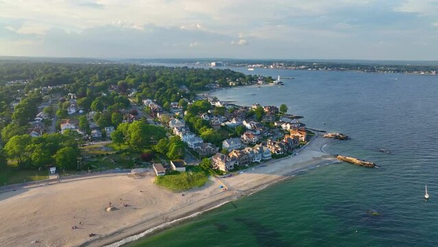 Ocean Beach and New London Harbor Lighthouse aerial view at the mouth of Thames River in New London, Connecticut CT, USA. 