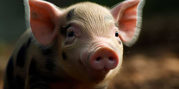 Little piglets close-up, pigs roam free and around the farm. Welfare and care of farm animals. Generative AI
