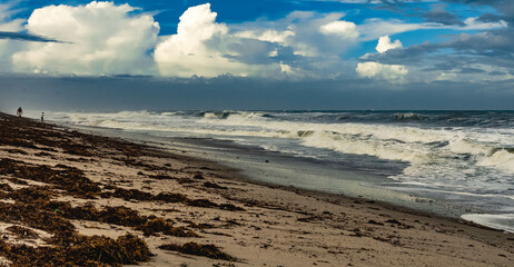 Waves breaking on shore