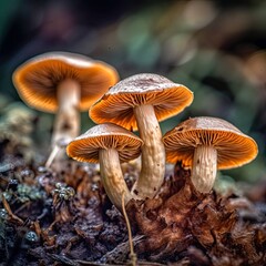 Mushrooms close-up in drops of water on the ground forest floor. blurred background generative ai