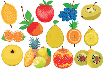 Vector set of exotic fruits and berries (strawberry, grape, kiwi, orange, pineapple, lemon, tangerine, apple) with green leaves isolated on a white background.
