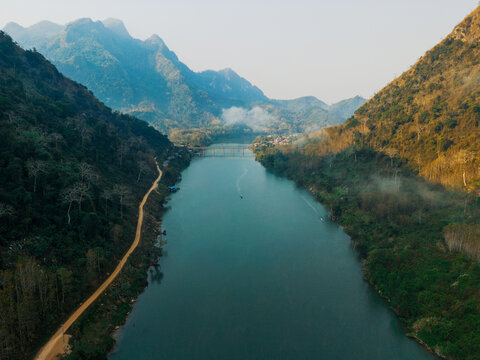 Aerial drone shot of Mekong river in Laos 
