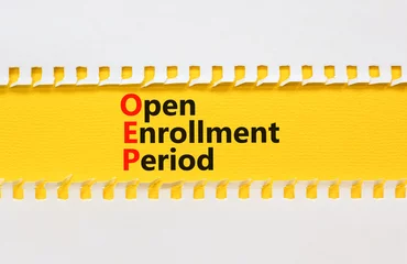 Deurstickers OEP symbol. Concept words OEP Open enrollment period on beautiful yellow paper. Beautiful white table white background. Medical and OEP Open enrollment period concept. Copy space. © Dzmitry