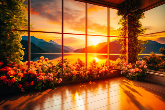 Beautiful view of nature through large windows, lake, green mountains